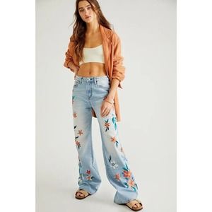 Driftwood Free People Light Blue Embroidered Flare Jeans
